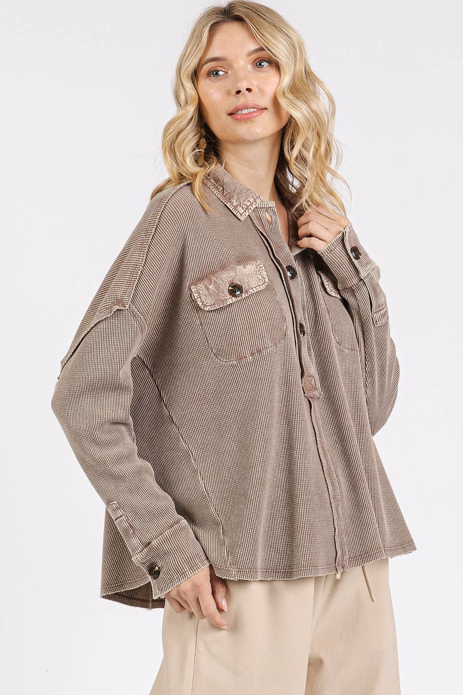 Henley Mineral Wash Waffle Knit Collared Top ~ Toffee