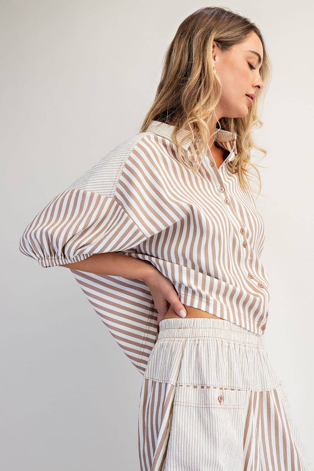 Blair Boxy Striped Button Down Shirt ~ Mocha