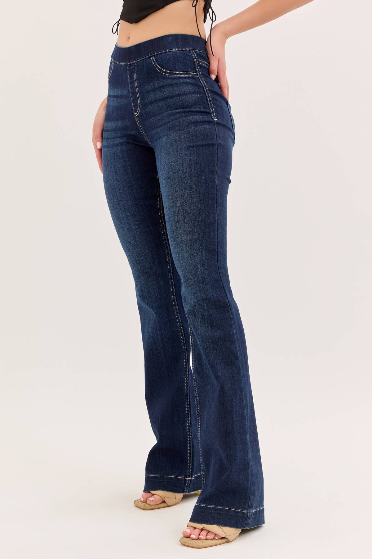Stevie High Rise Dark Pull On Flare Jeans ~ Dark Denim