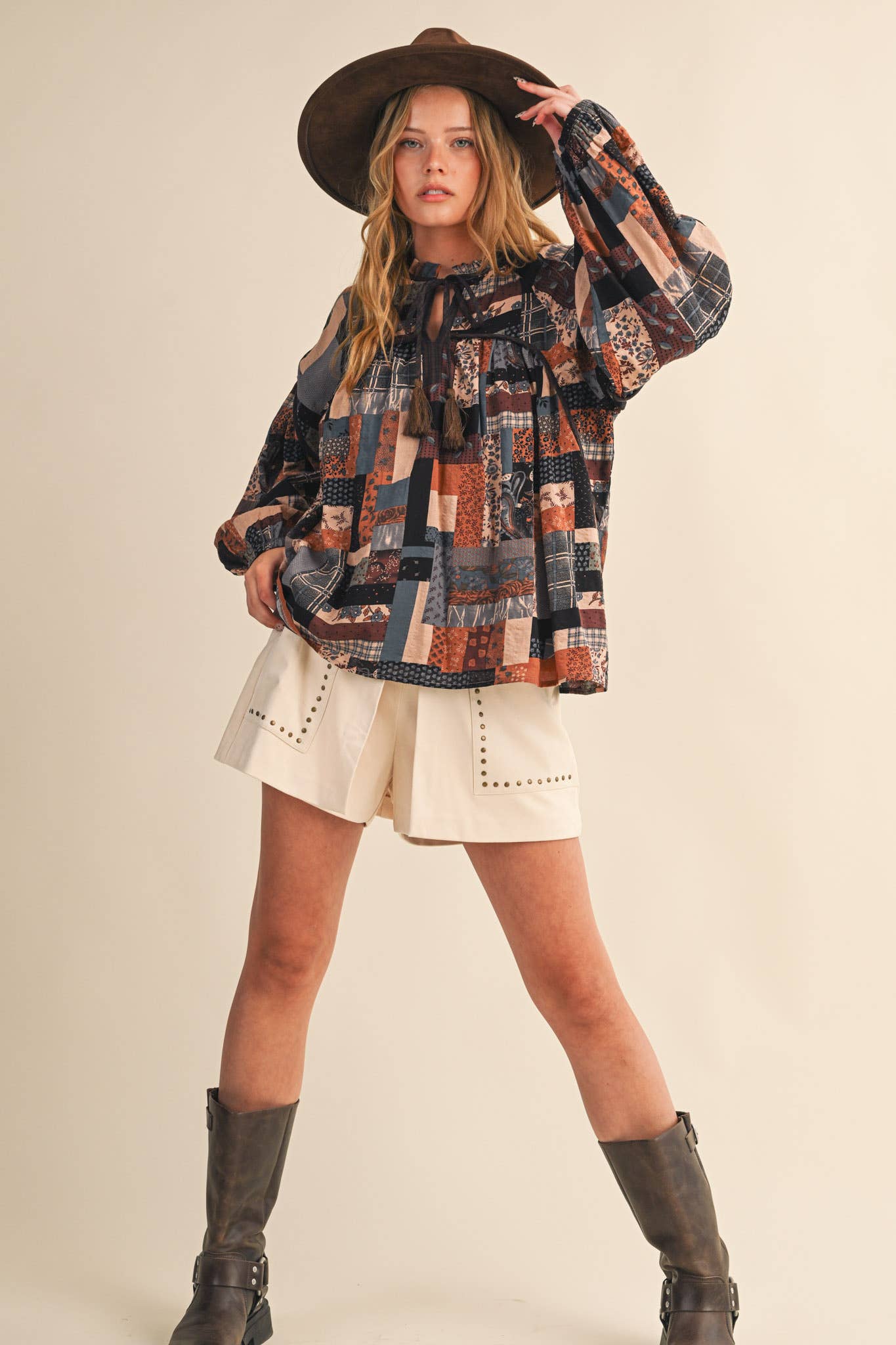 Layla Boho Patchwork Babydoll Top ~ Brown