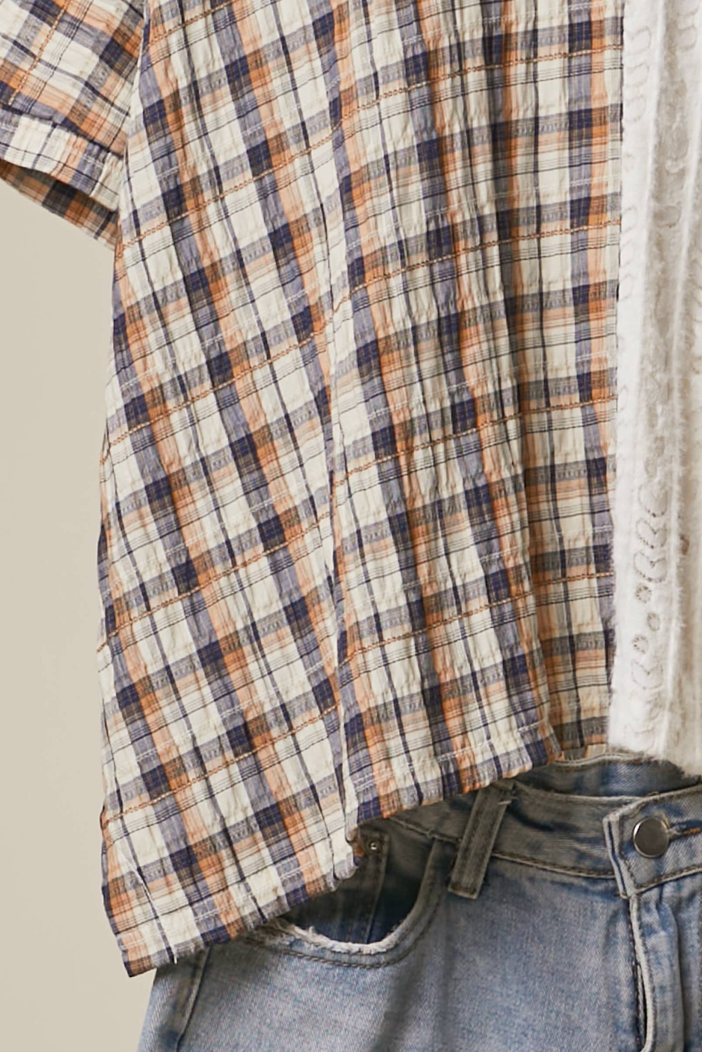 Hailey Half Plaid Pocket Top ~ Ivory