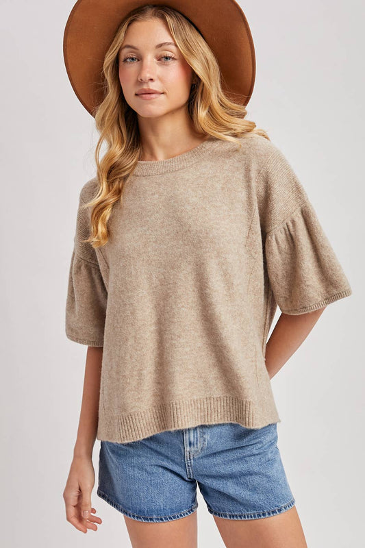 Gwen Gathered Boxy Knit Sweater ~ Latte