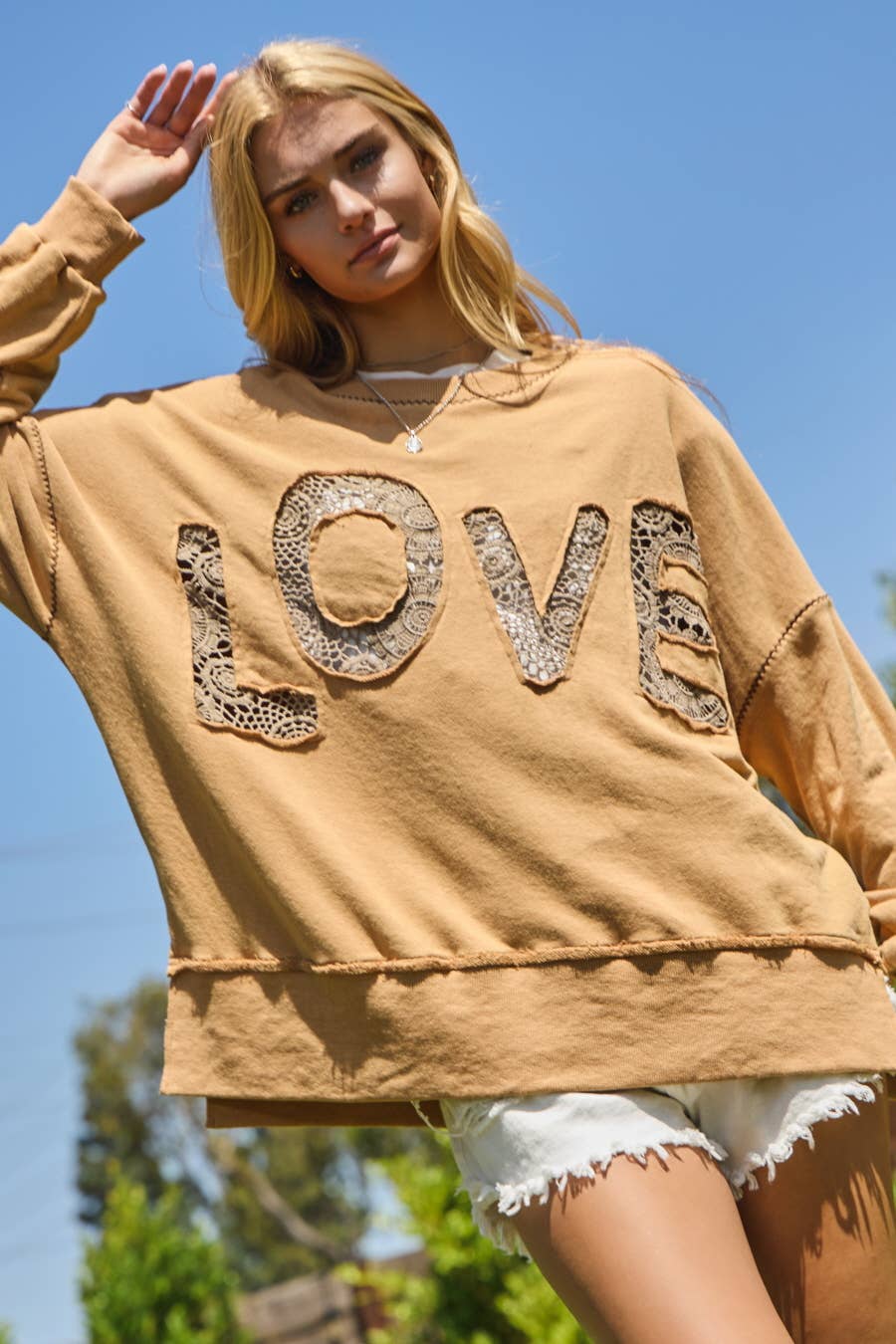 LOVE Lace Logo Acid Washed Pullover ~ Camel