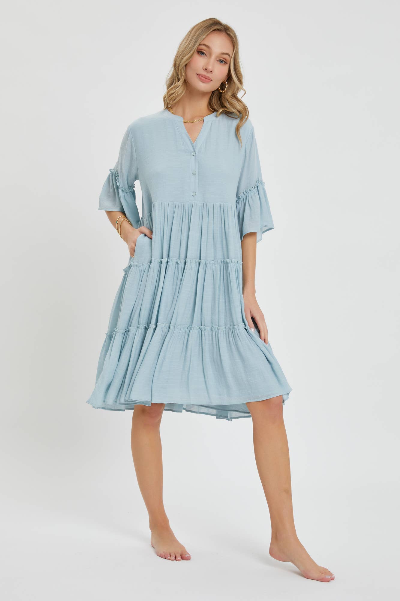 Theo Tiered Shirt Dress ~ Misty Blue