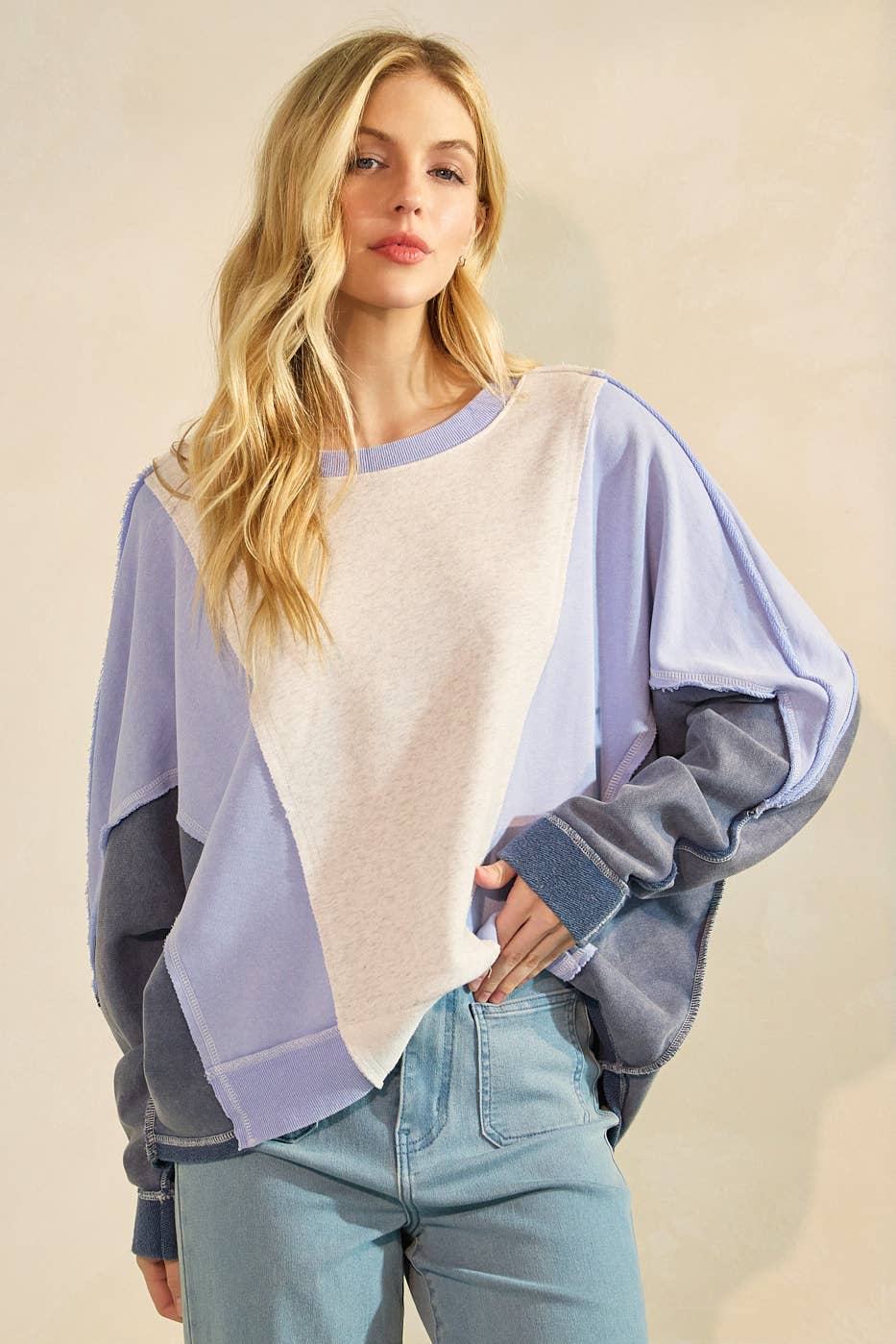 Dolly Mineral Wash Color Block Doman Sleeve Pullover ~ Blue