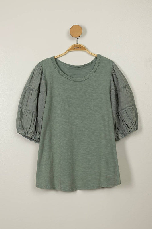 Poppy Mineral Washed Puff Sleeve Top ~ Sage
