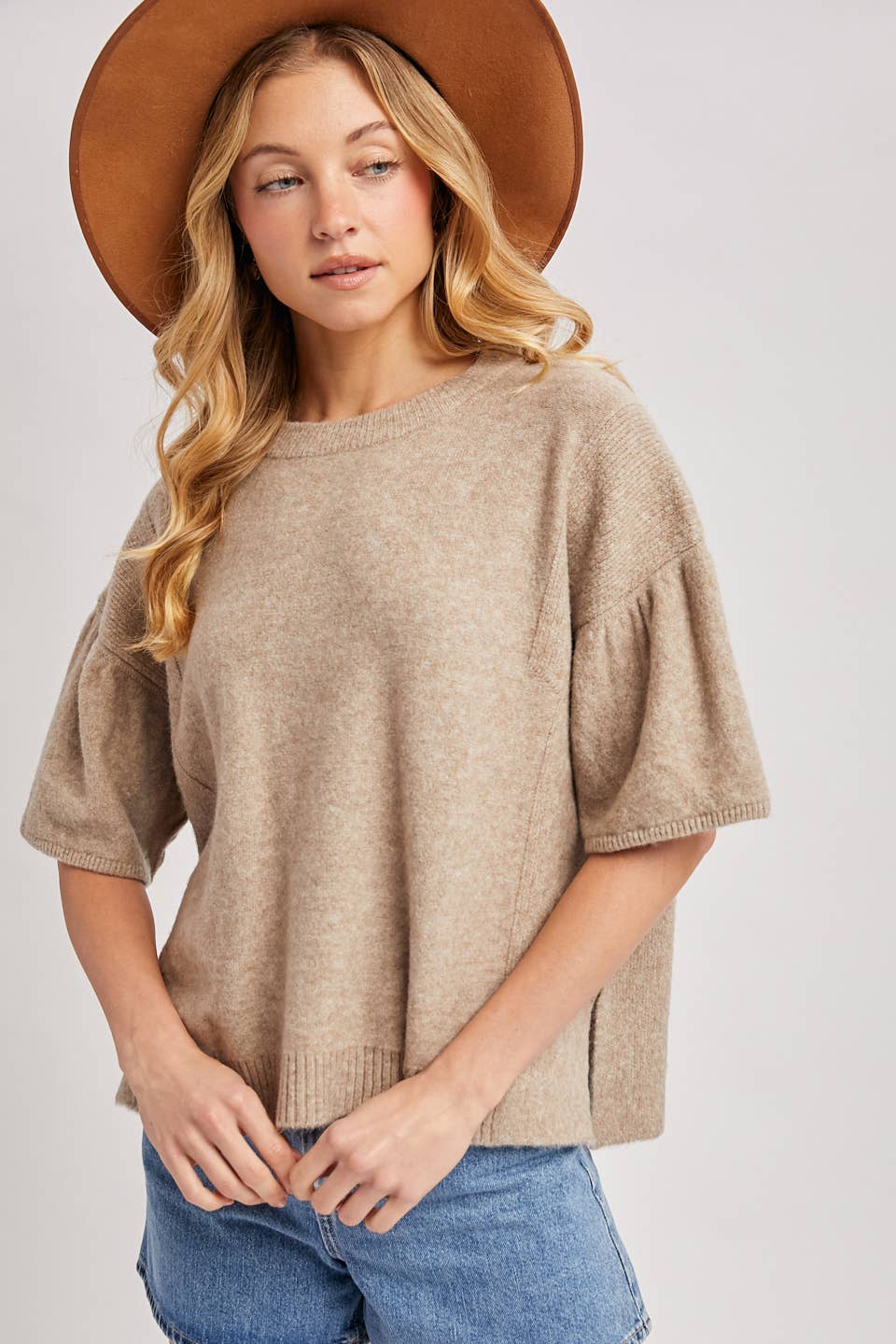 Gwen Gathered Boxy Knit Sweater ~ Latte