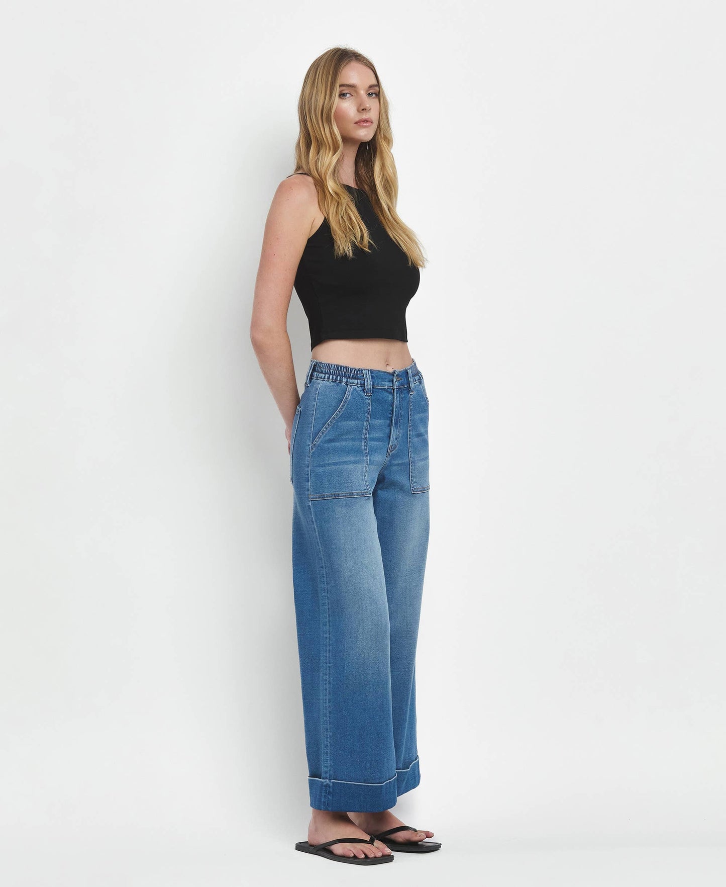 Eva High Rise Double Cuffed Baggy Wide Jeans ~ Dark Denim