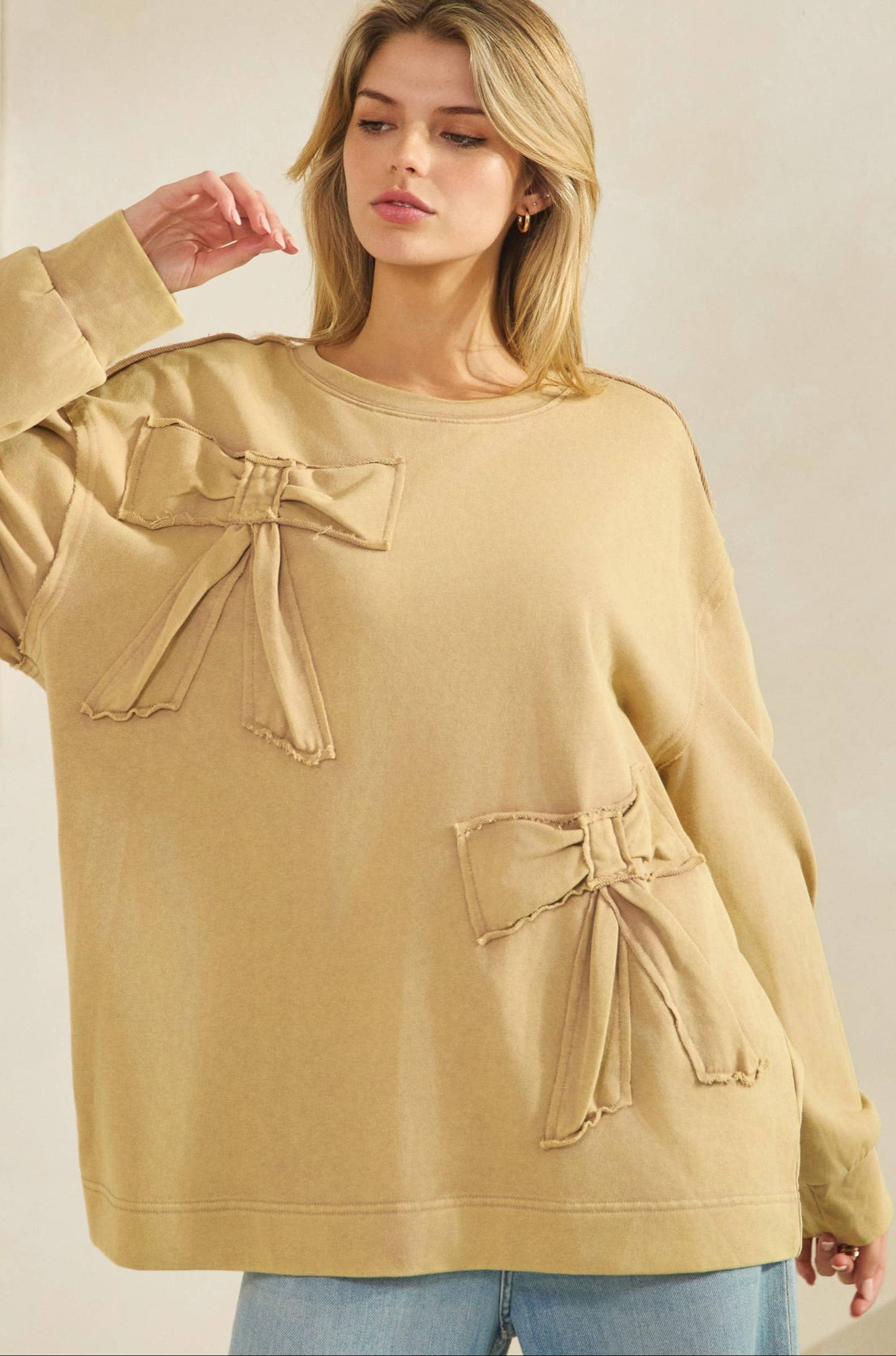 Flora French Terry Bow Pullover ~ Taupe