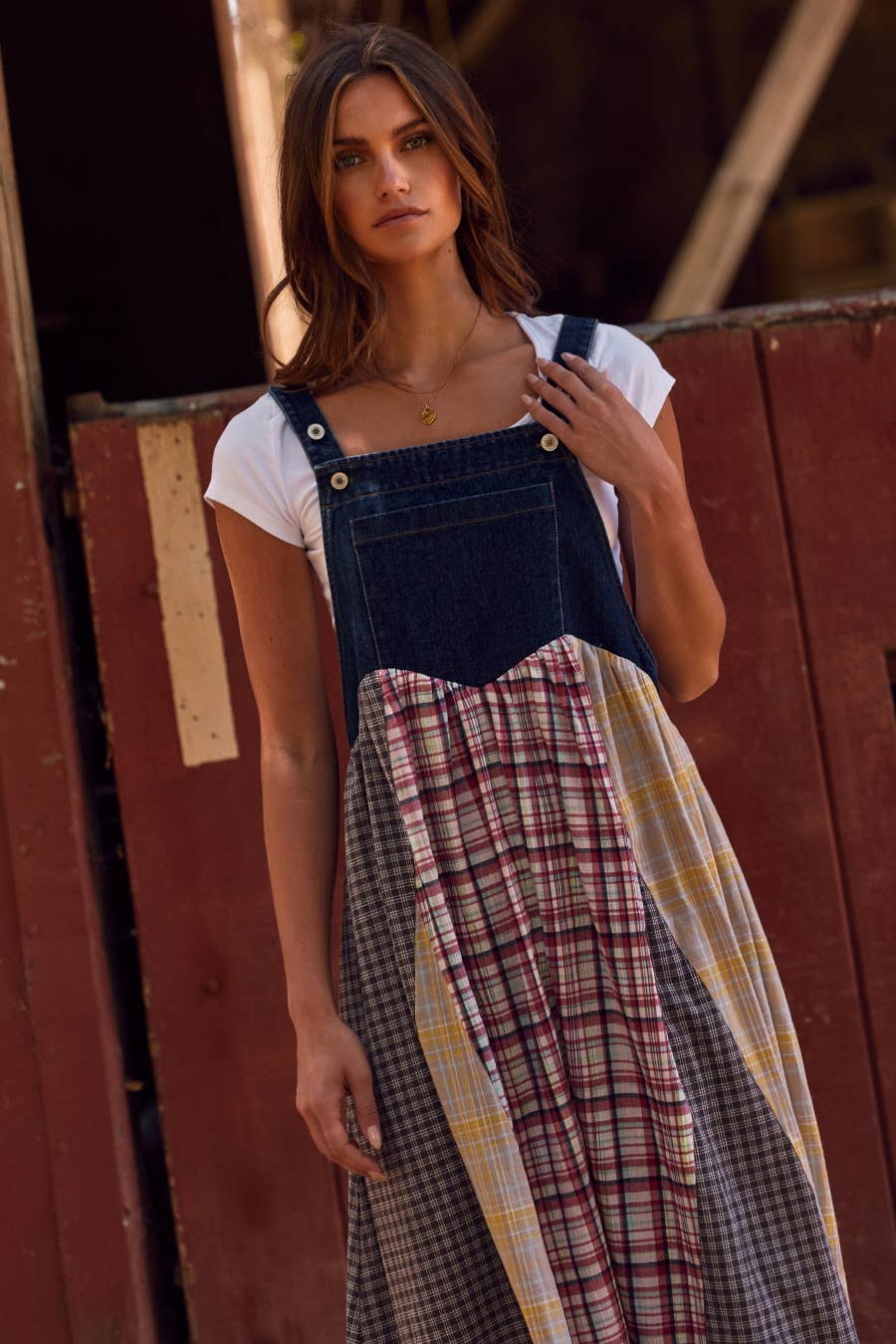 Penny Patchwork Plaid Overall Dress ~ Dark Denim