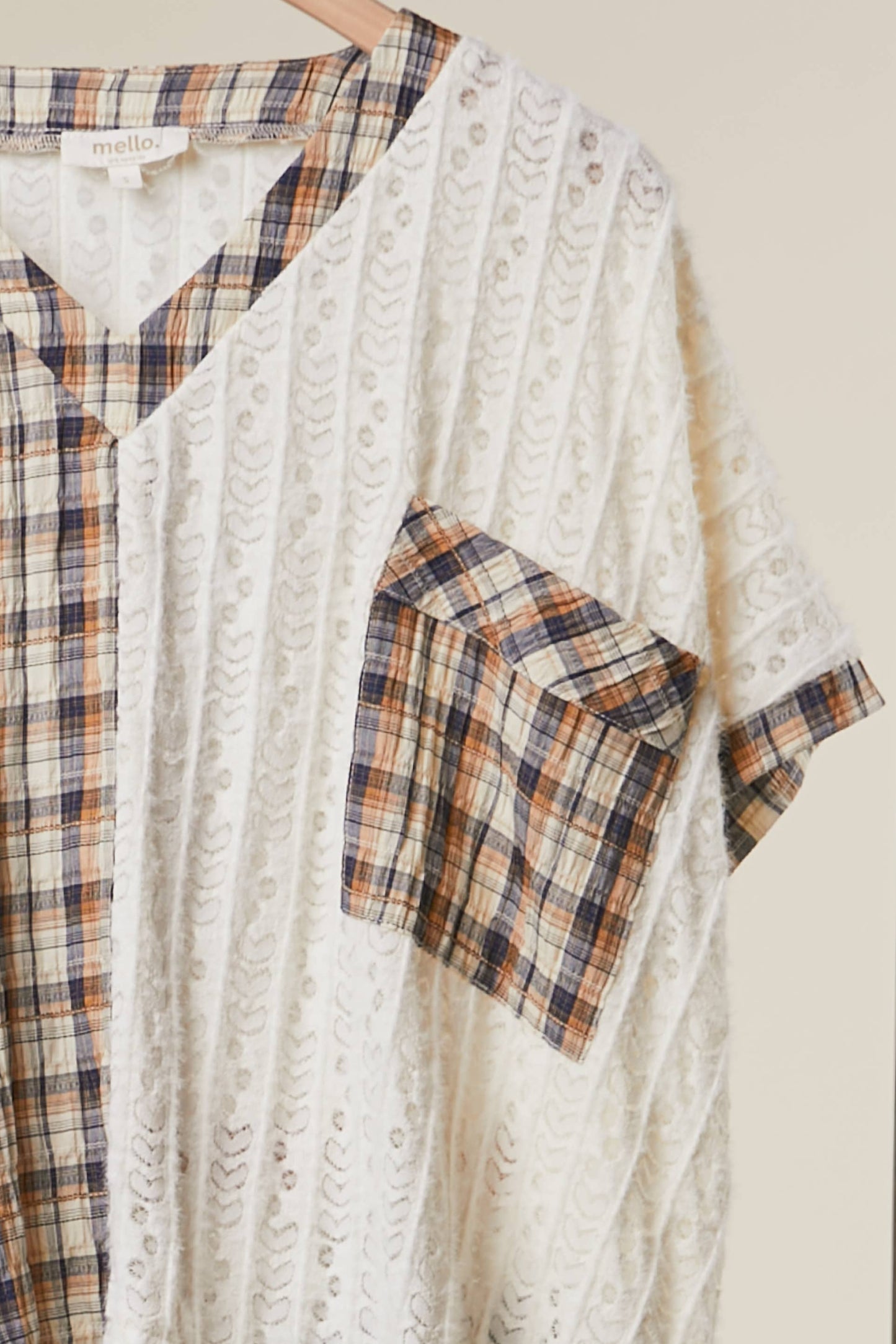 Hailey Half Plaid Pocket Top ~ Ivory