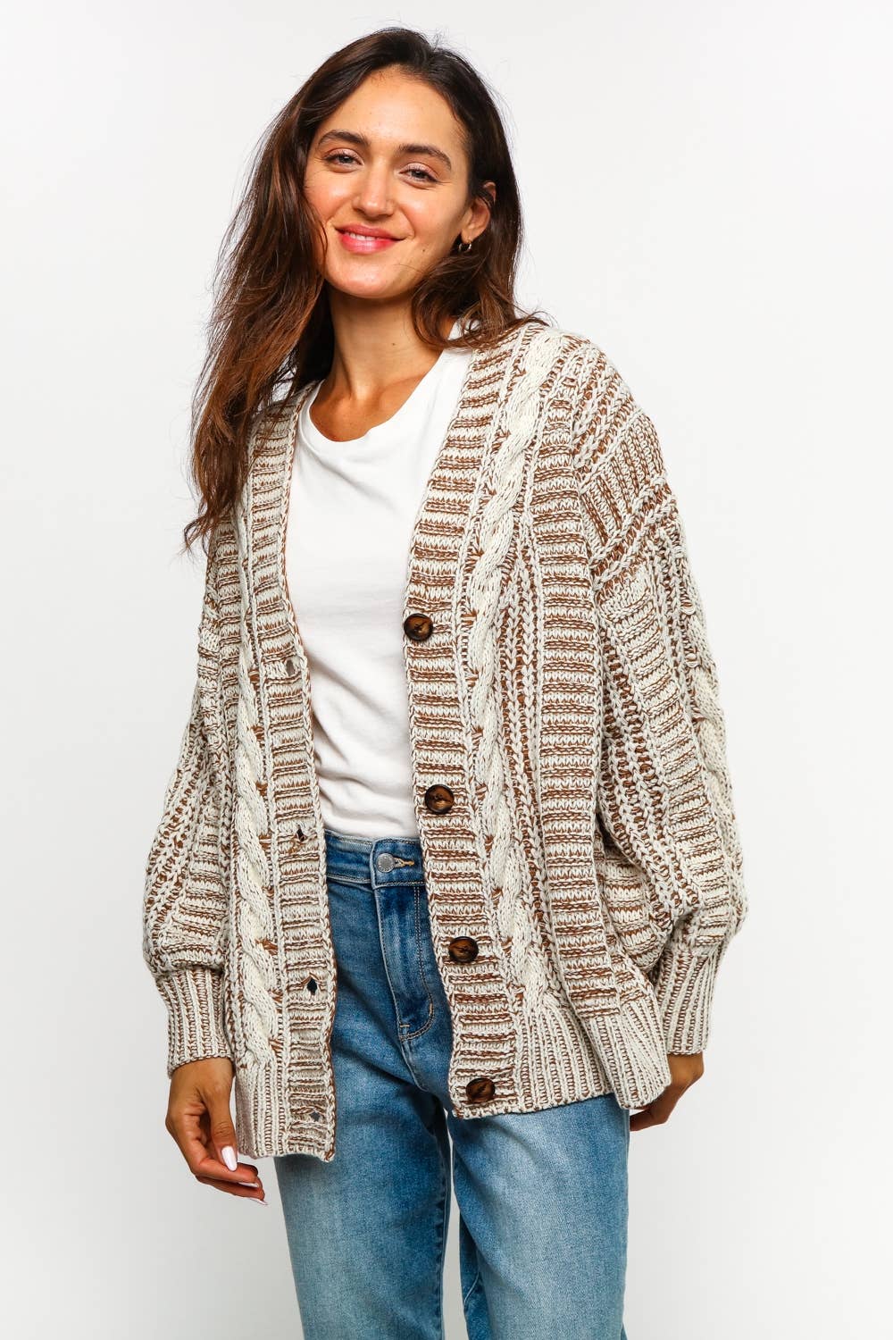 Tessa Two Tone Cable Chunky Sweater Cardigan ~ Oatmeal/Taupe