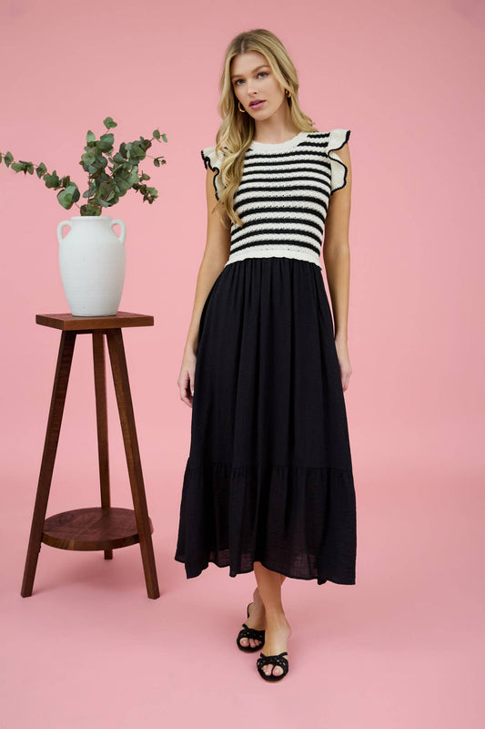 Sophie Stripe Sweater Top Mixed Media Midi Dress ~ Black