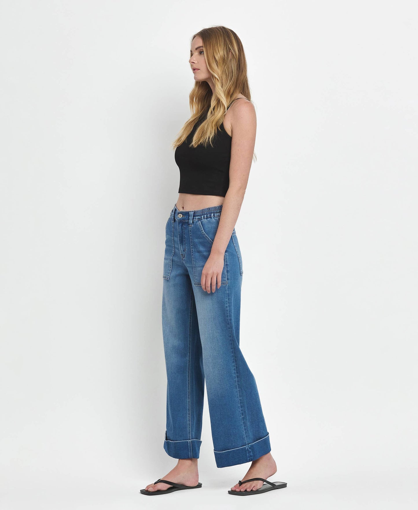 Eva High Rise Double Cuffed Baggy Wide Jeans ~ Dark Denim