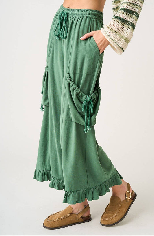 Rachel Ruffle Hem Drop Pocket Ankle Wide Leg Pants ~ Green