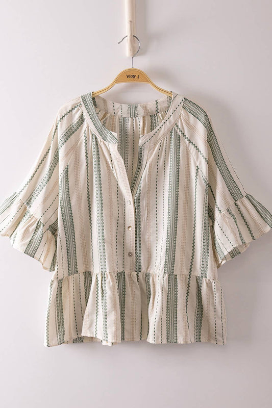 Melody Striped Half Bell Sleeve Blouse Top ~ Green