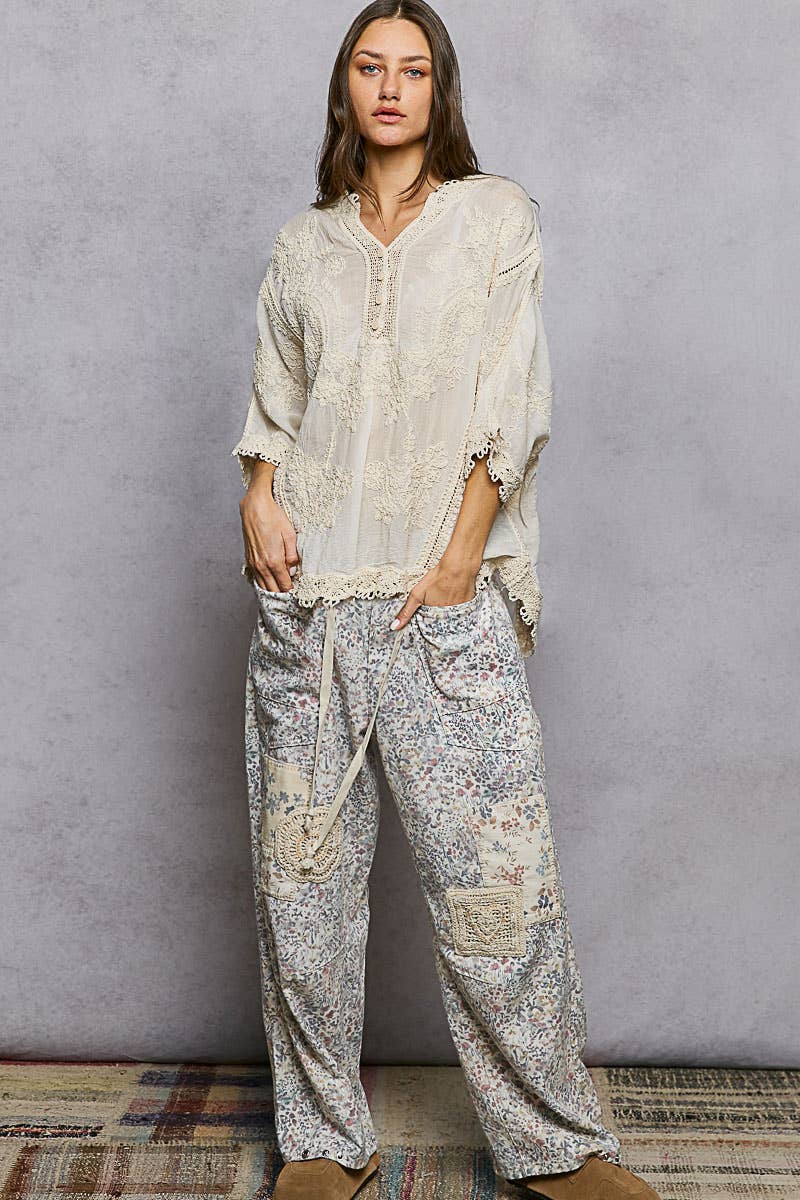 Veronia V-Neck Floral Embroidered Crochet Blouse Top ~ Natural