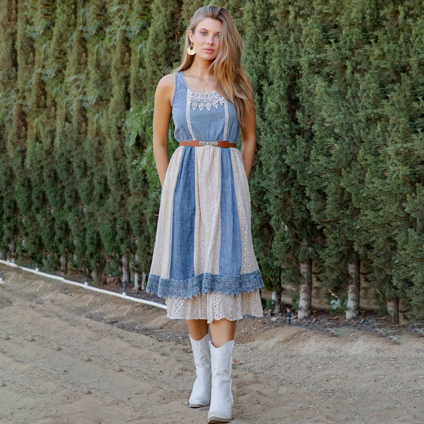 Betty Boho Western Denim & Lace Panel Midi Dress - Latte
