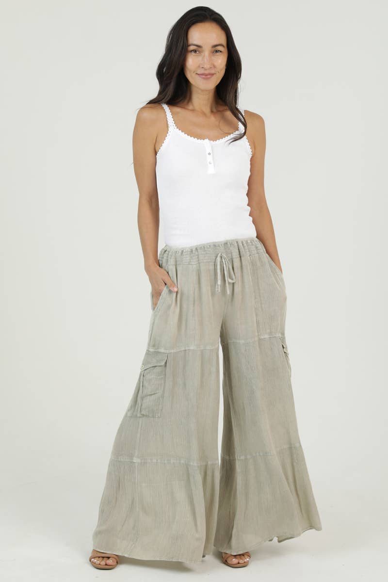 Avery Acid Wash Smocked Waist Cargo Pants ~ Sage