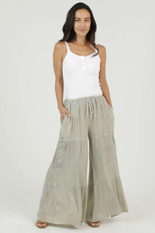 Avery Acid Wash Smocked Waist Cargo Pants ~ Sage