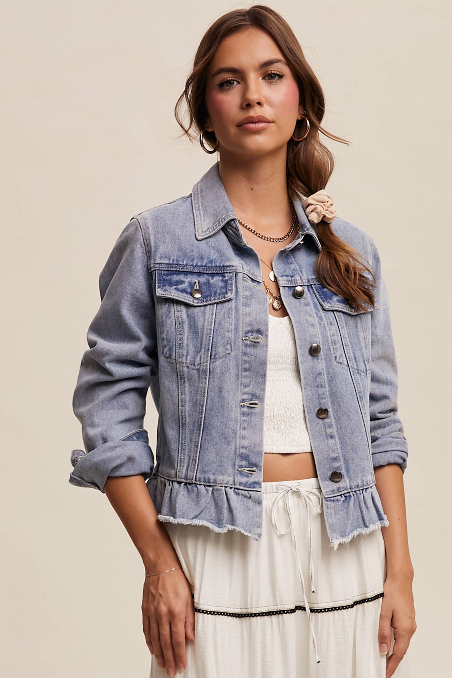Regan Ruffled Hem Denim Jacket ~ Light Denim