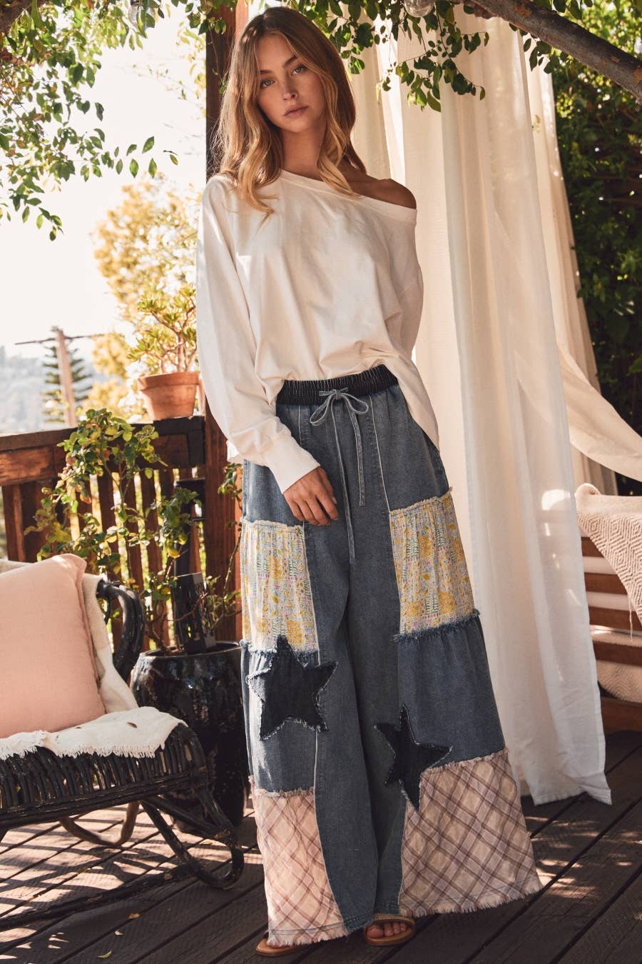 Madelyn Mixed Fabric Star Patchwork Wide Leg Pants ~ Denim