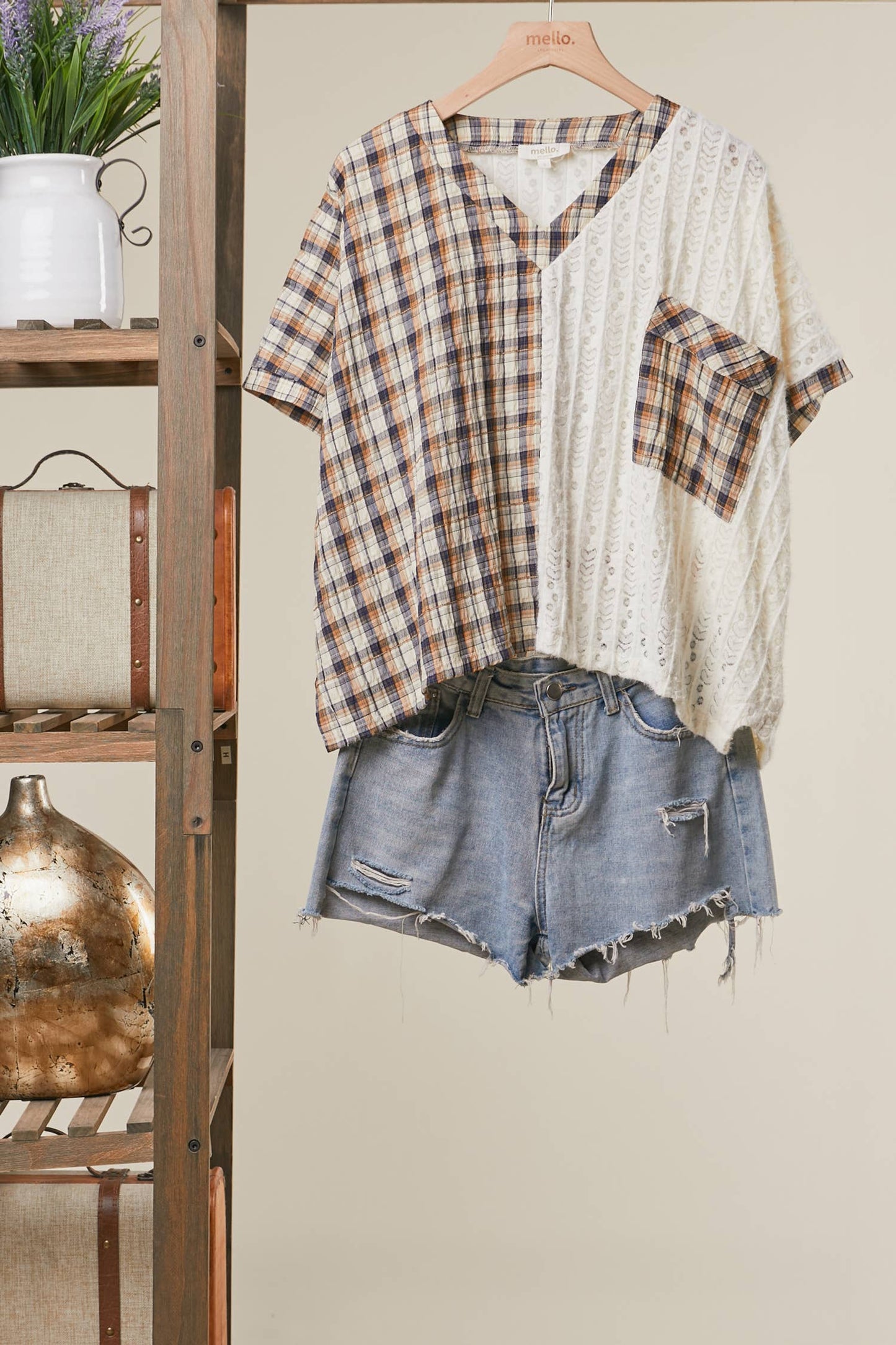 Hailey Half Plaid Pocket Top ~ Ivory