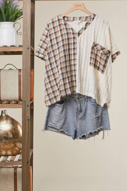 Hailey Half Plaid Pocket Top ~ Ivory