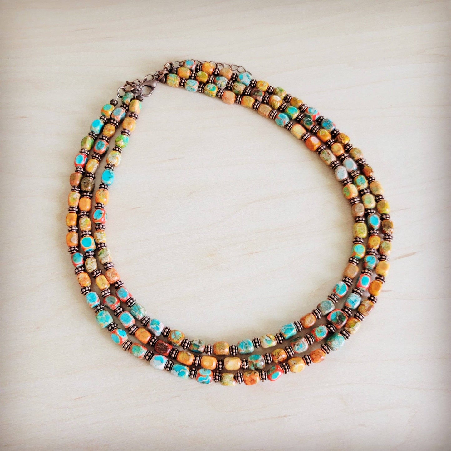 Triple Strand Layered Boho Sunrise Regalite Necklace