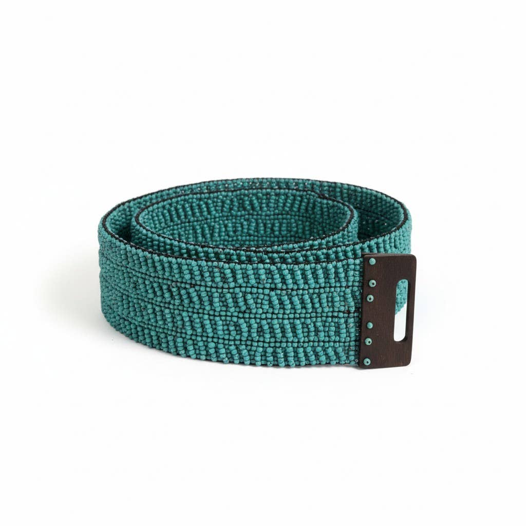 Stretchable Boho Chic Glass Beaded Belt with Wooden Buckle