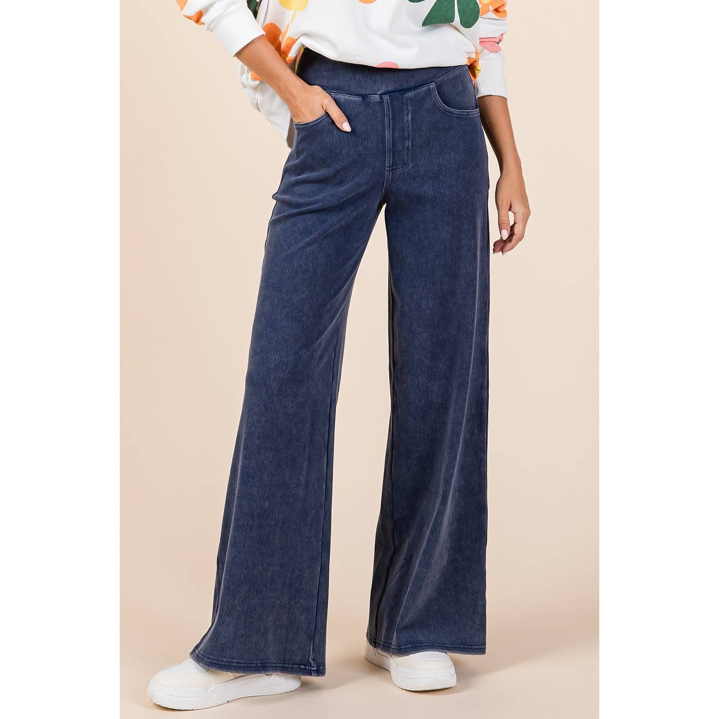 Emma Elastic Waistband Wide Leg Pants ~ Dark Denim