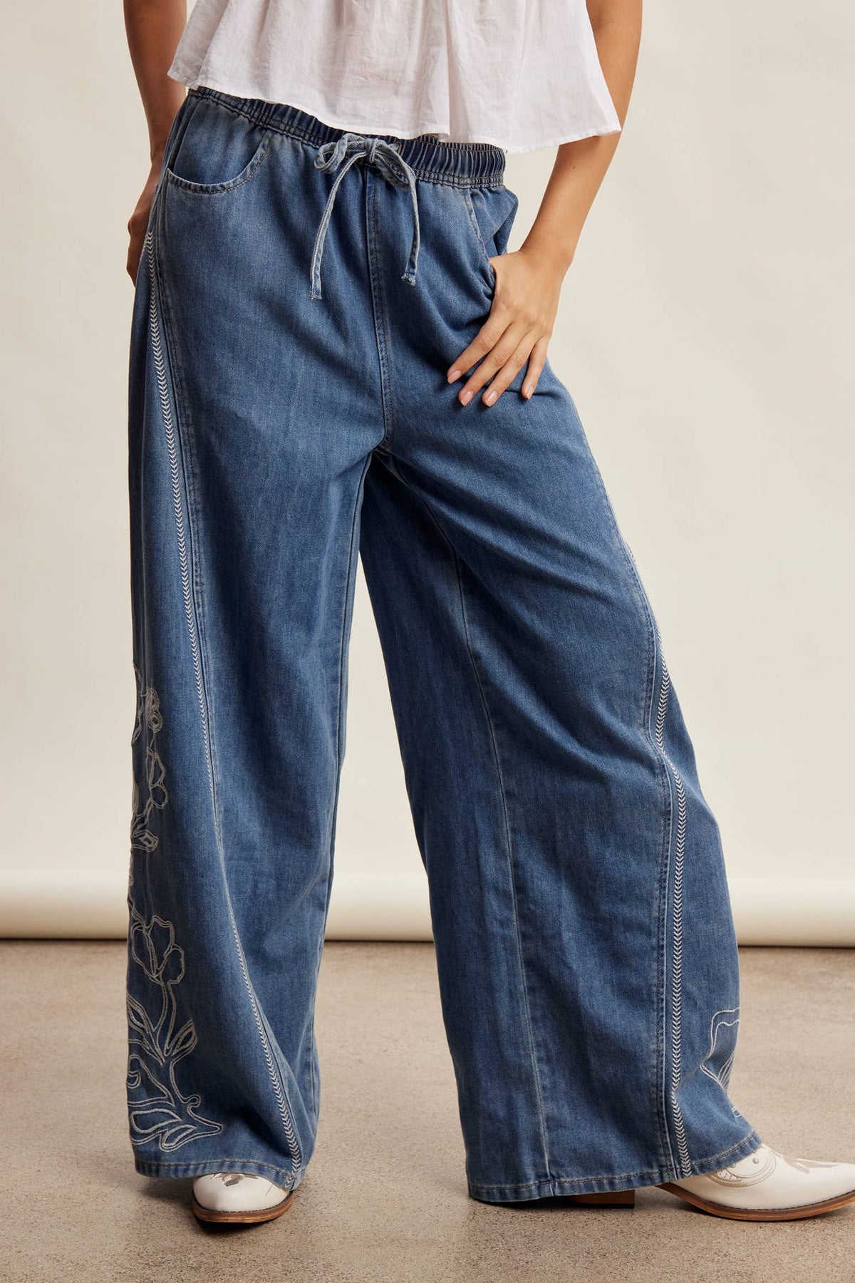 Emma Embroidered Wide Leg Denim Pants ~ Sunwash Blue