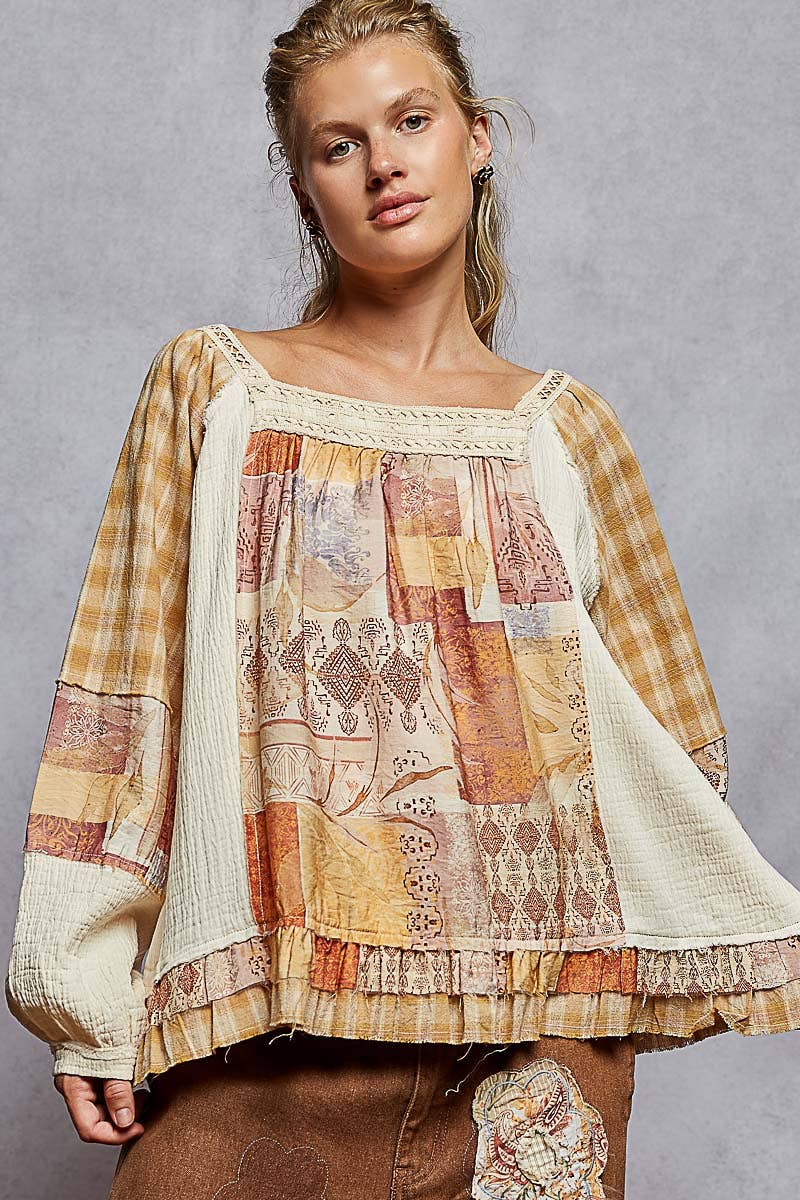Carley Square Neck Gauze Plaid Top ~ Natural