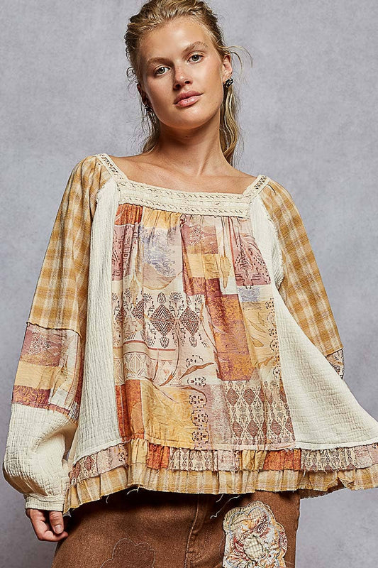 Carley Square Neck Gauze Plaid Top ~ Natural