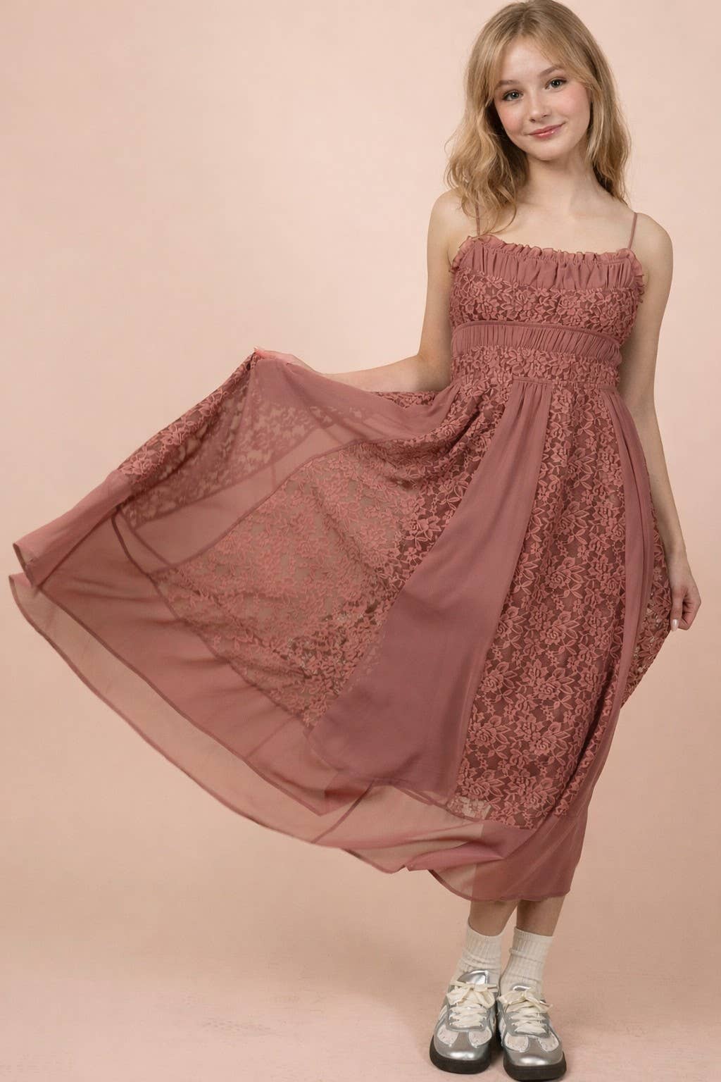 Lucia Lace Detail Solid Midi Dress ~ Dark Mauve