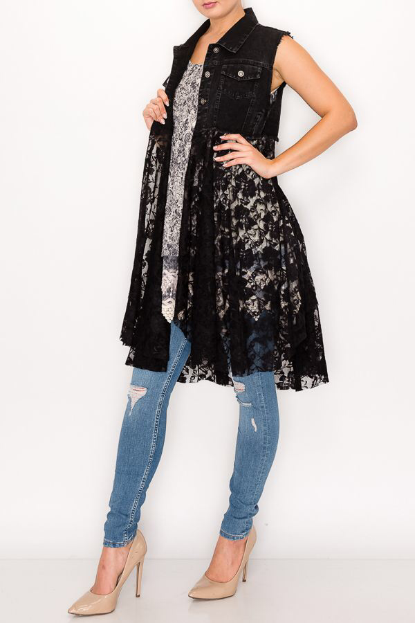 Olivia Lace Layered Cropped Denim Vest ~ Black