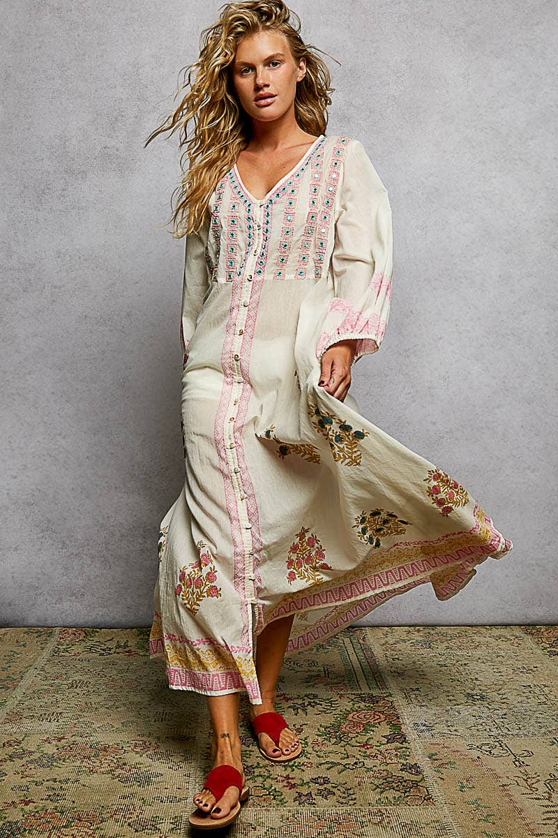 POL Embroidered Floral Maxi Dress ~ Natural
