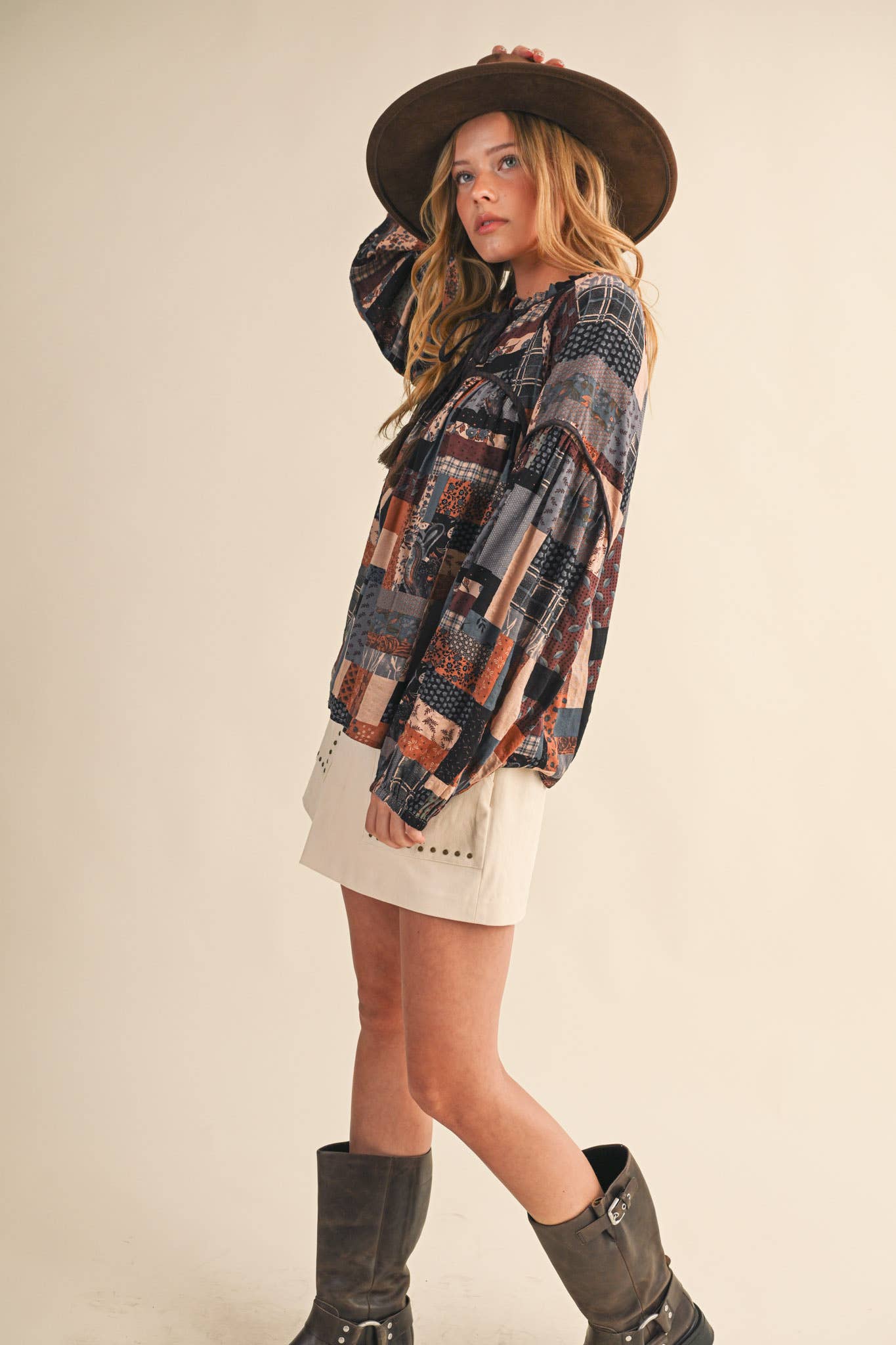 Layla Boho Patchwork Babydoll Top ~ Brown