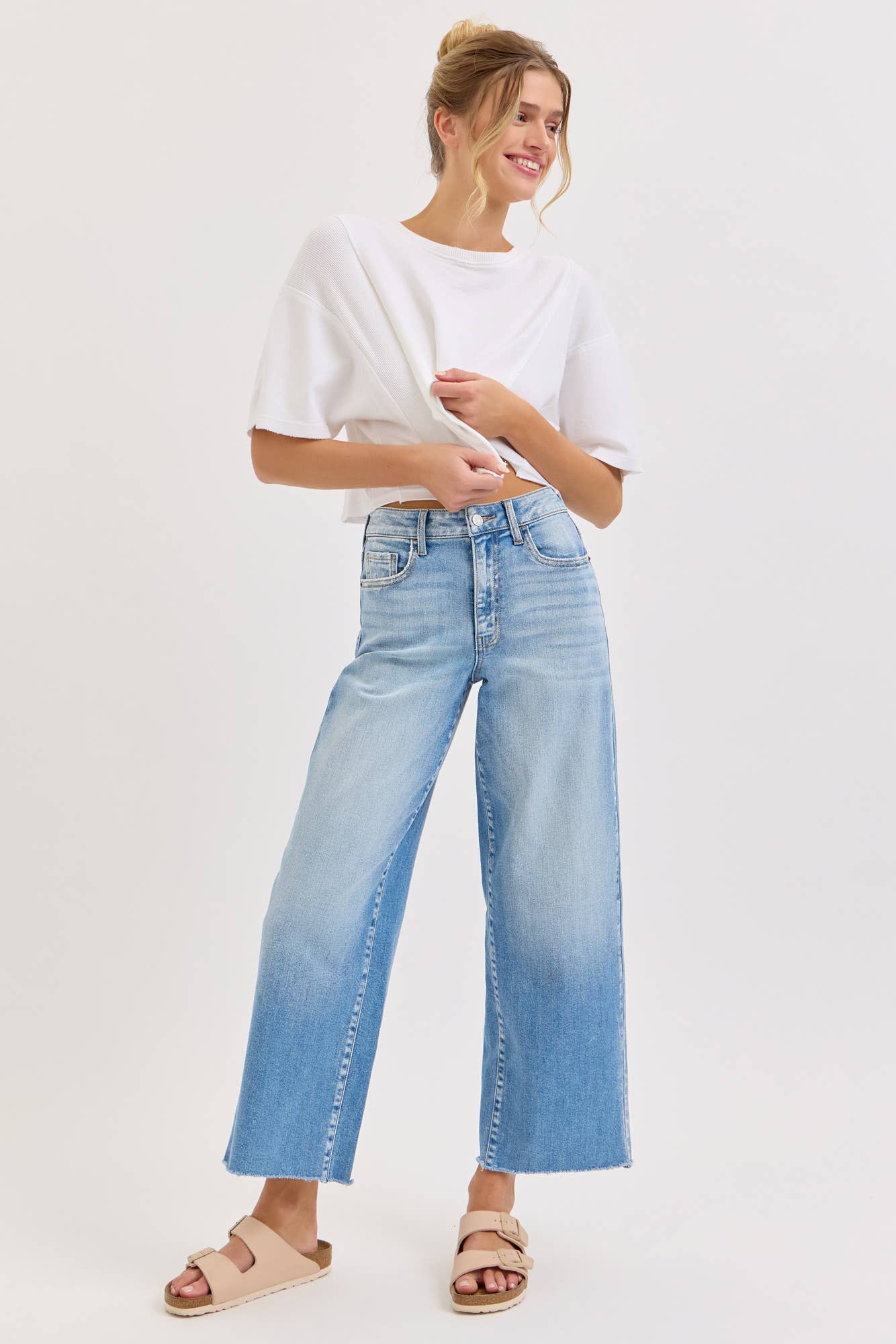 Harlow High Rise Raw Hem Crop Wide Leg Jeans ~ Light Denim