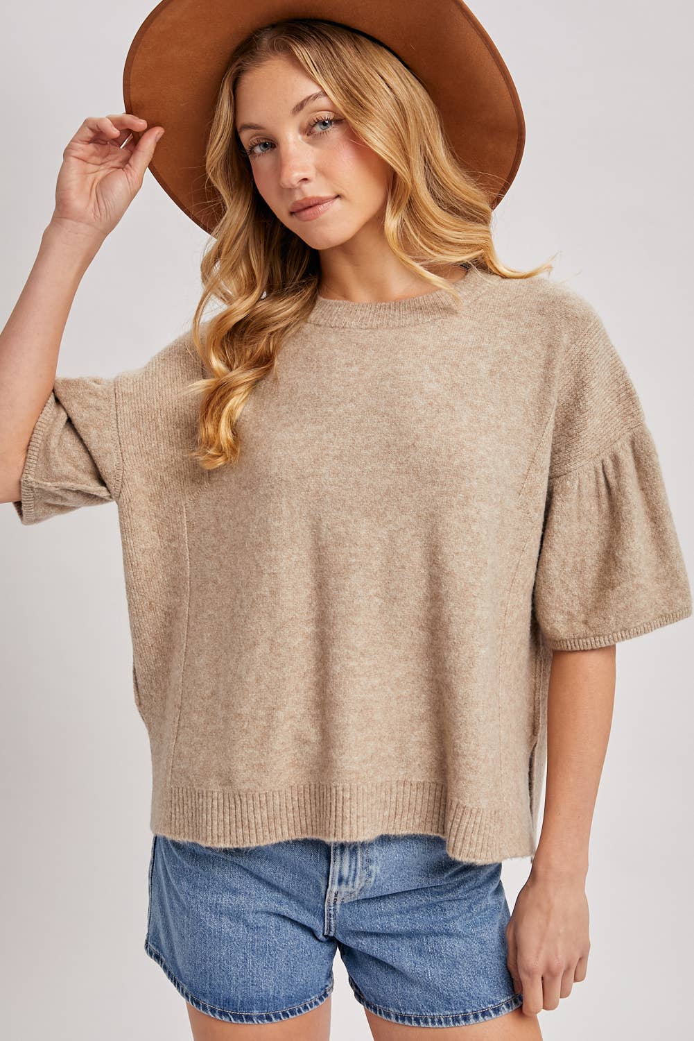 Gwen Gathered Boxy Knit Sweater ~ Latte