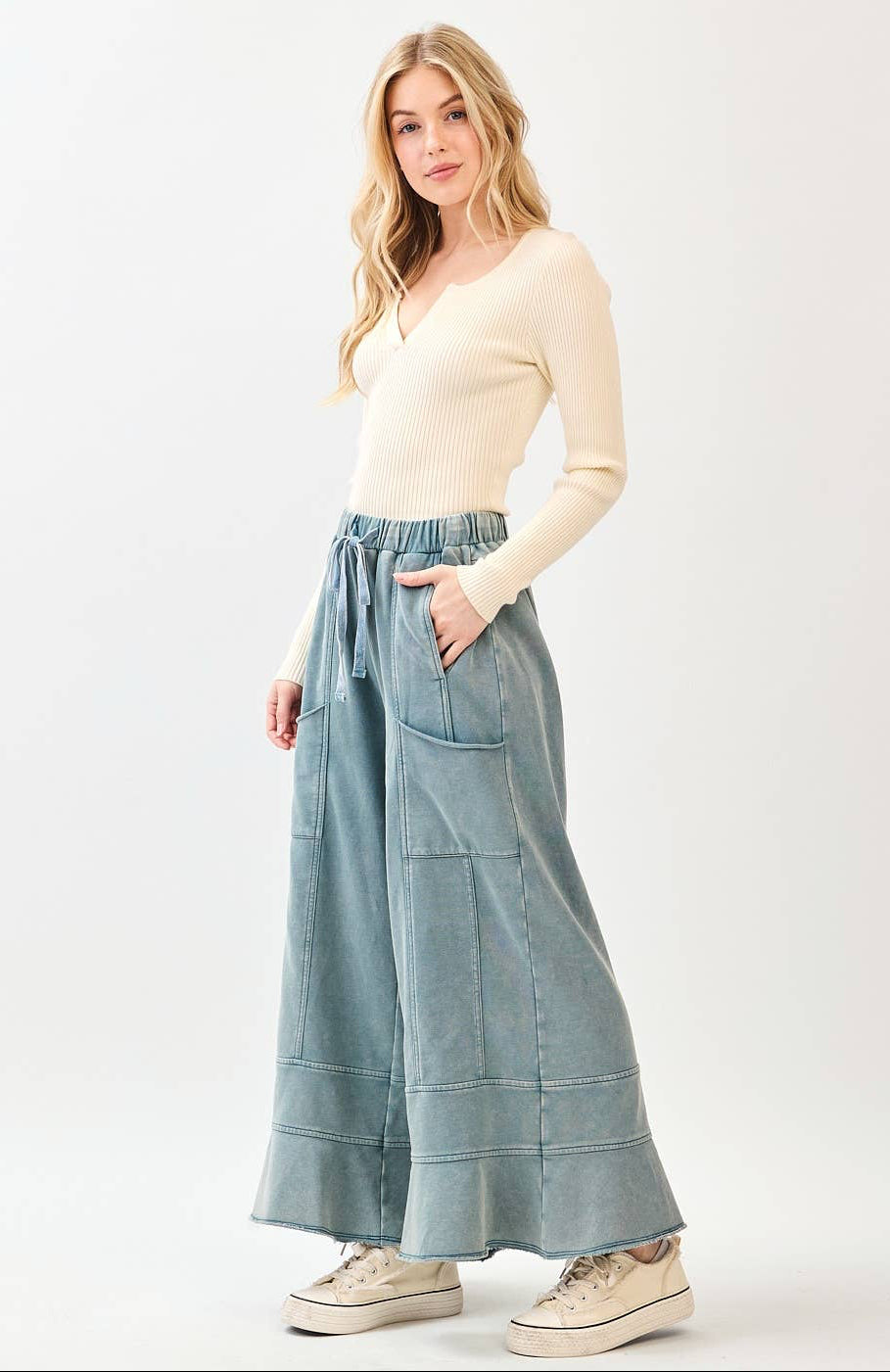 Millie Mineral Wash Ruffle Wide Leg Pants ~ Misty Blue