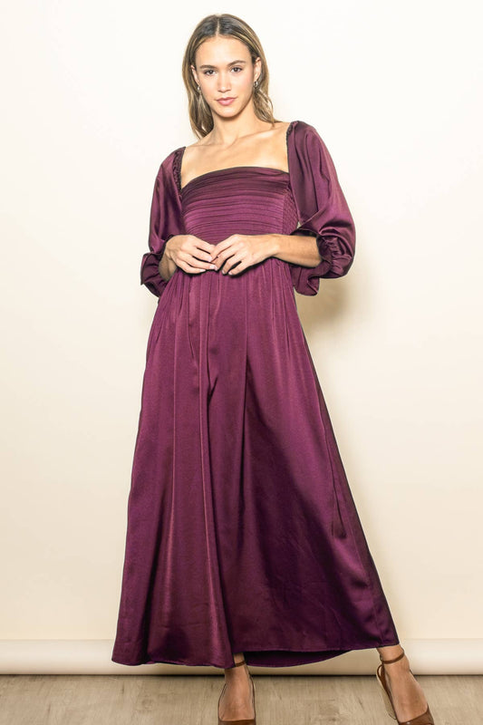Olivia On & Off Shoulder Pleated Satin Maxi Dress W/ Pockets