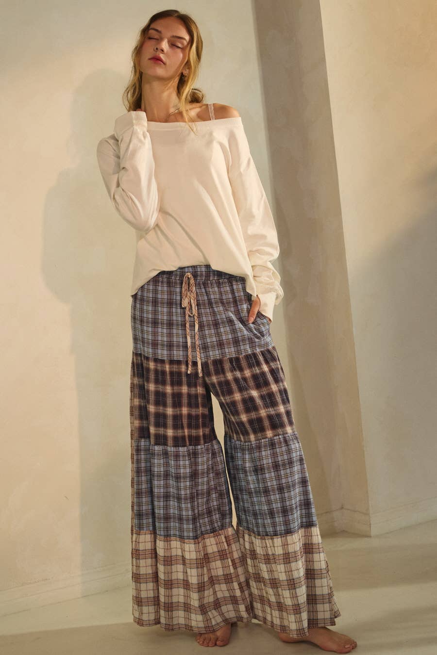 Penny Relaxed Plaid Patchwork Pants ~ Blue