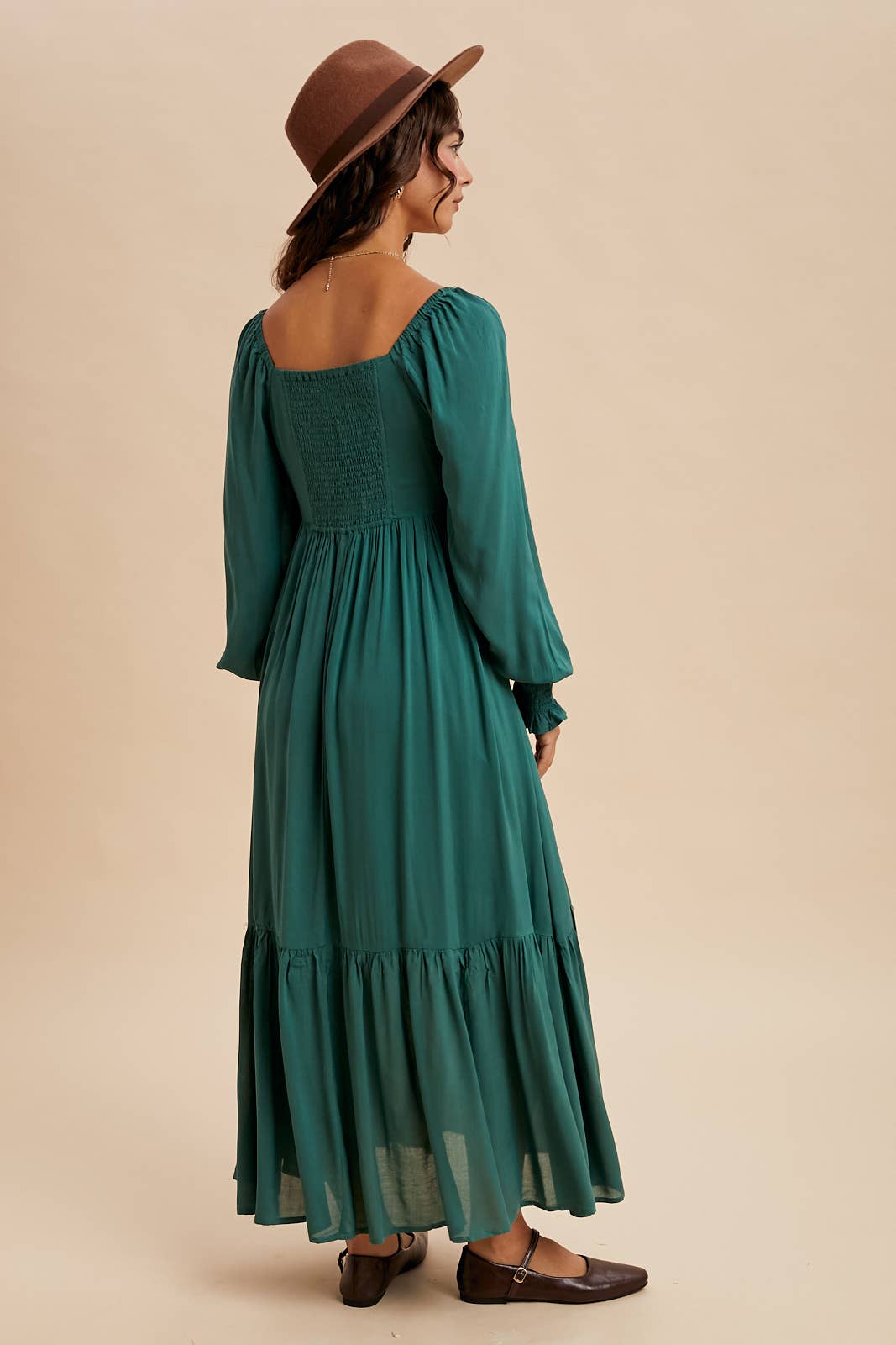 Emily Pleated Square Neck Maxi Dress ~ Evergreen