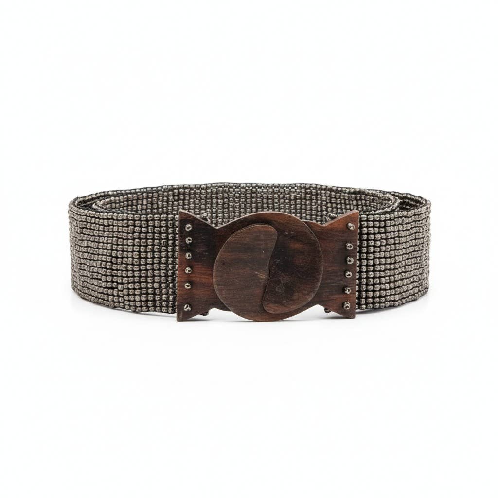 Stretchable Boho Chic Glass Beaded Belt with Wooden Buckle