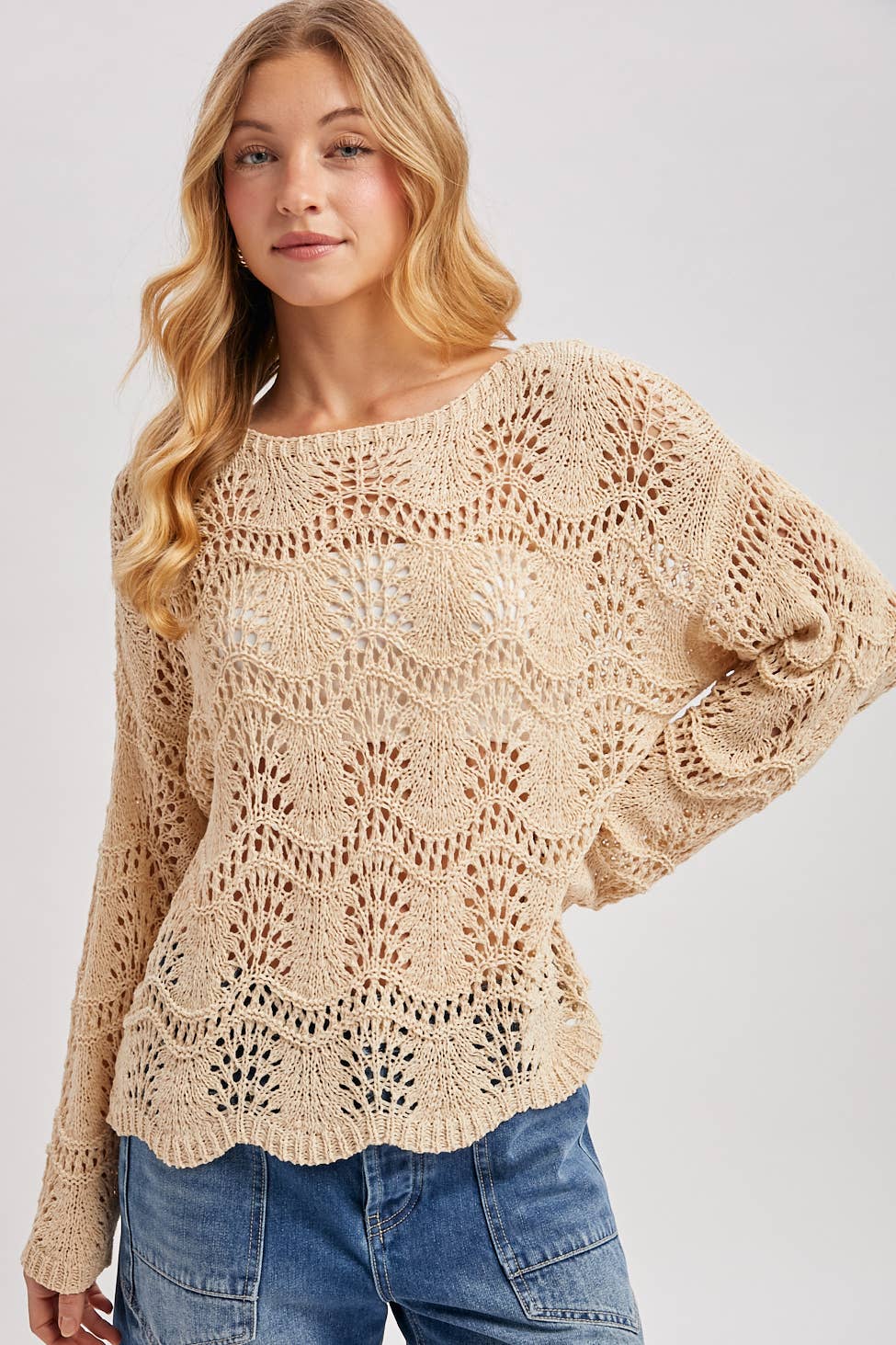 Sara Scalloped Hem Open Knit Sweater ~ Natural