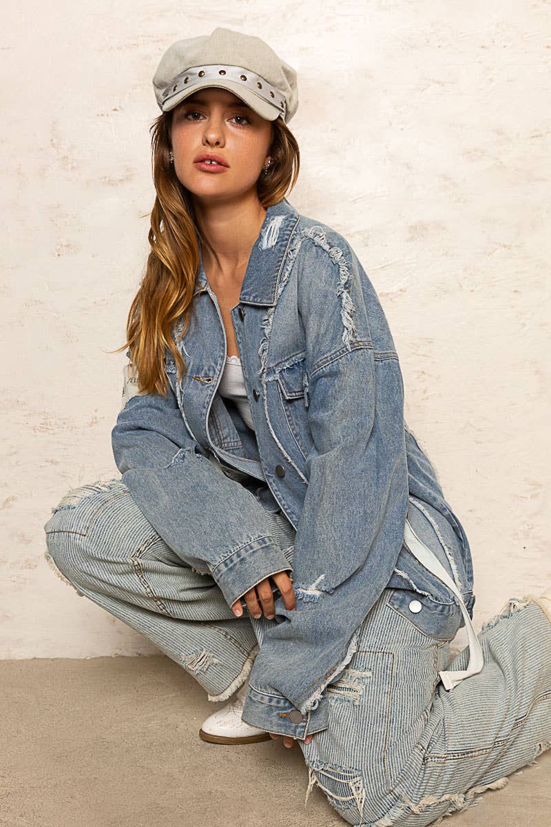 Remma Oversize Patch Detail Frayed Edge Jacket ~ Light Denim