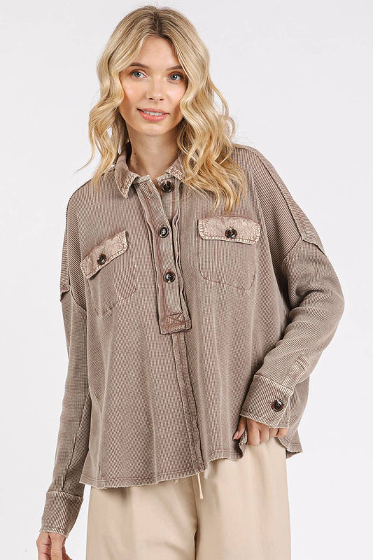 Henley Mineral Wash Waffle Knit Collared Top ~ Toffee