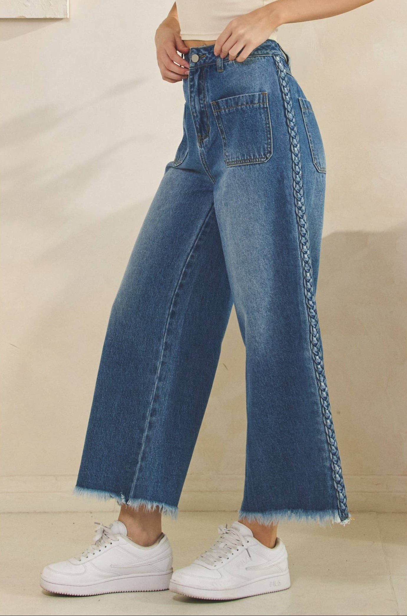 Brylee Braided Side Wide Leg Jeans ~ Dark Denim