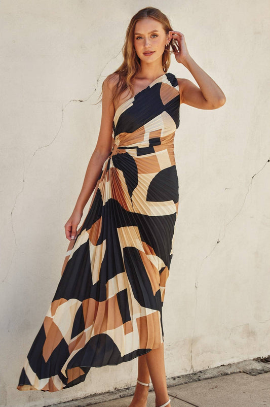 Olympia Asymmetrical Pleated Maxi Dress ~ Midnight Taupe